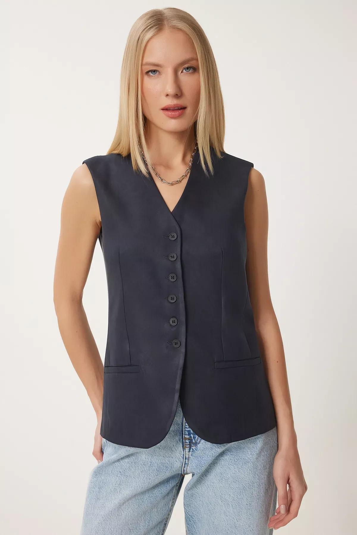 Navy V Neck Nubuck Vest, Navy blue, large image number 0