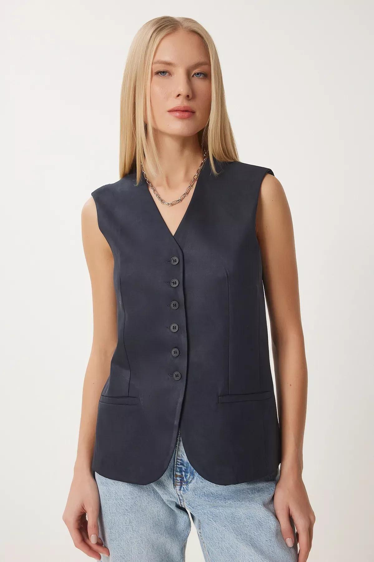 Navy V Neck Nubuck Vest, Navy blue, large image number 1
