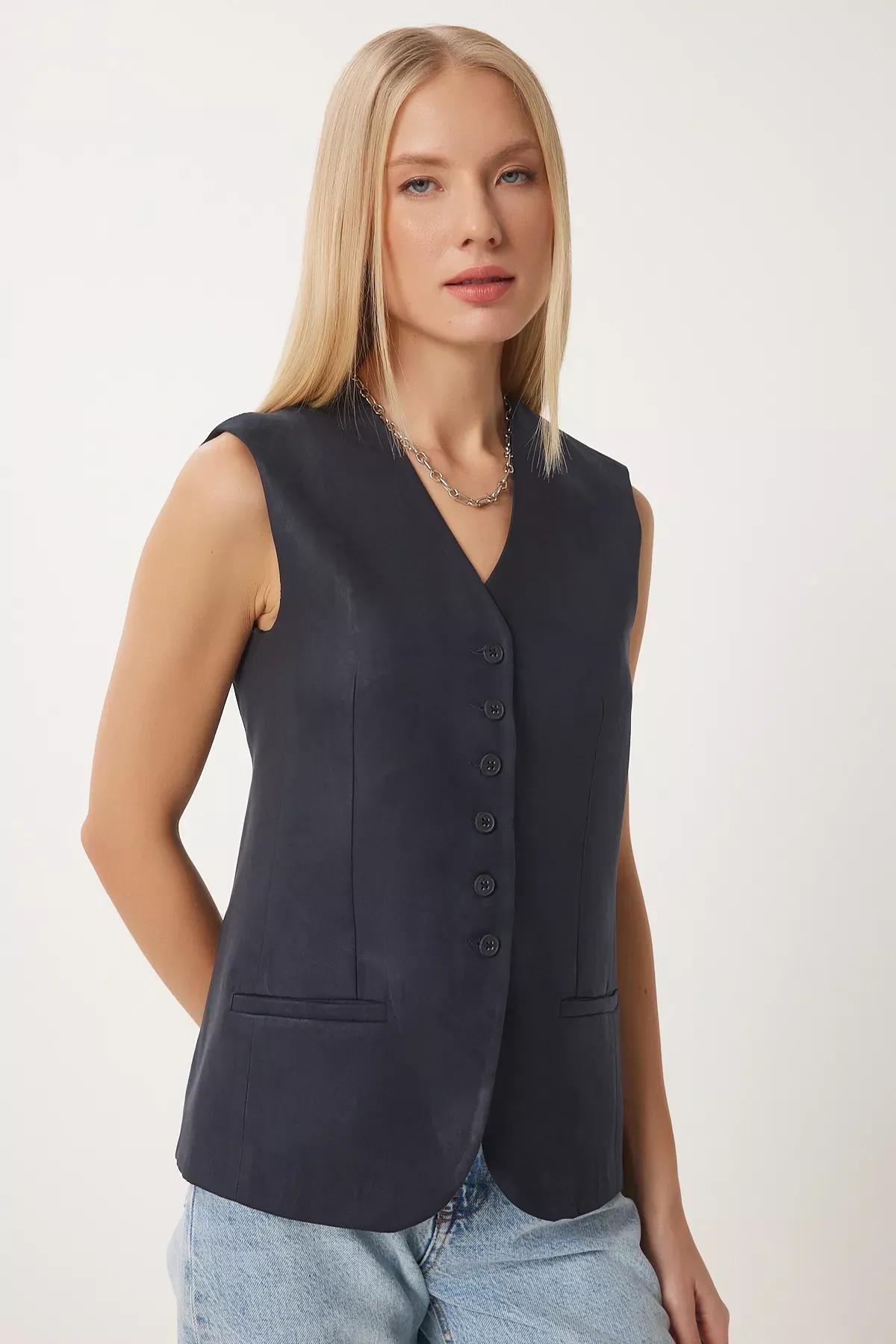 Navy V Neck Nubuck Vest, Navy blue, large image number 2