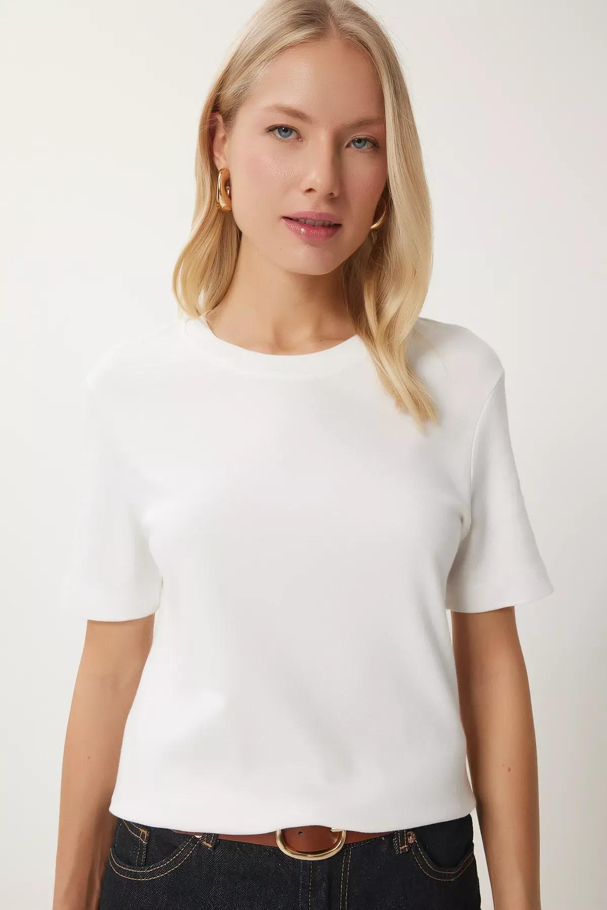 White Basic Knit T Shirt, White, large image number 0