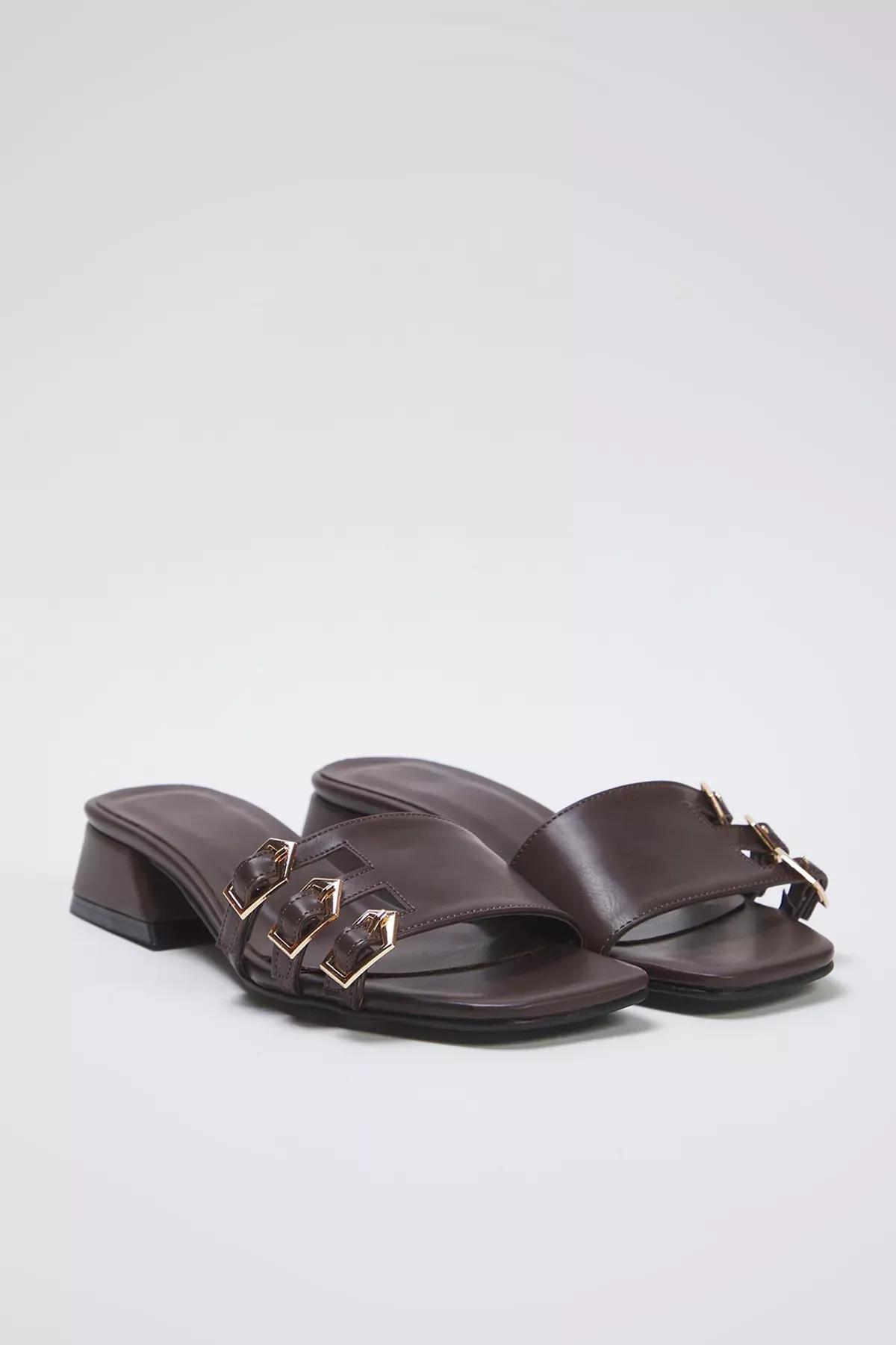 Brown Gold Heeled Slippers, Brown, medium
