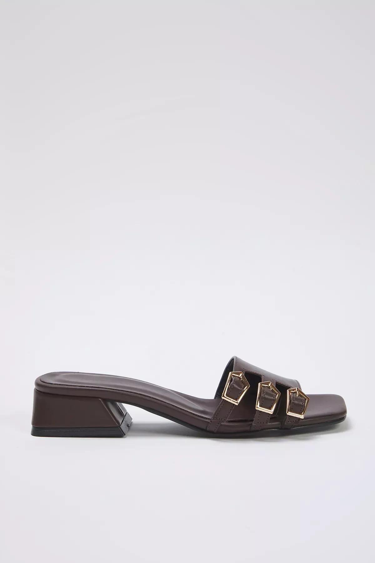 Brown Gold Heeled Slippers, Brown, large image number 4