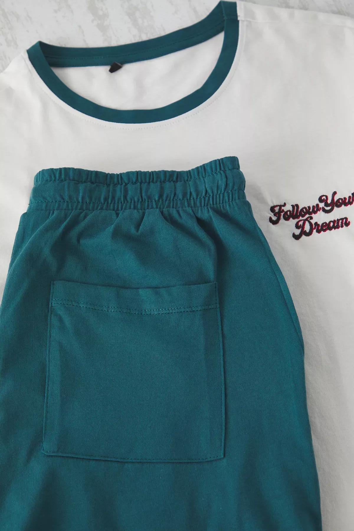 Beige Embroidered Knitted Pajama Set, Ecru-Green, large image number 2