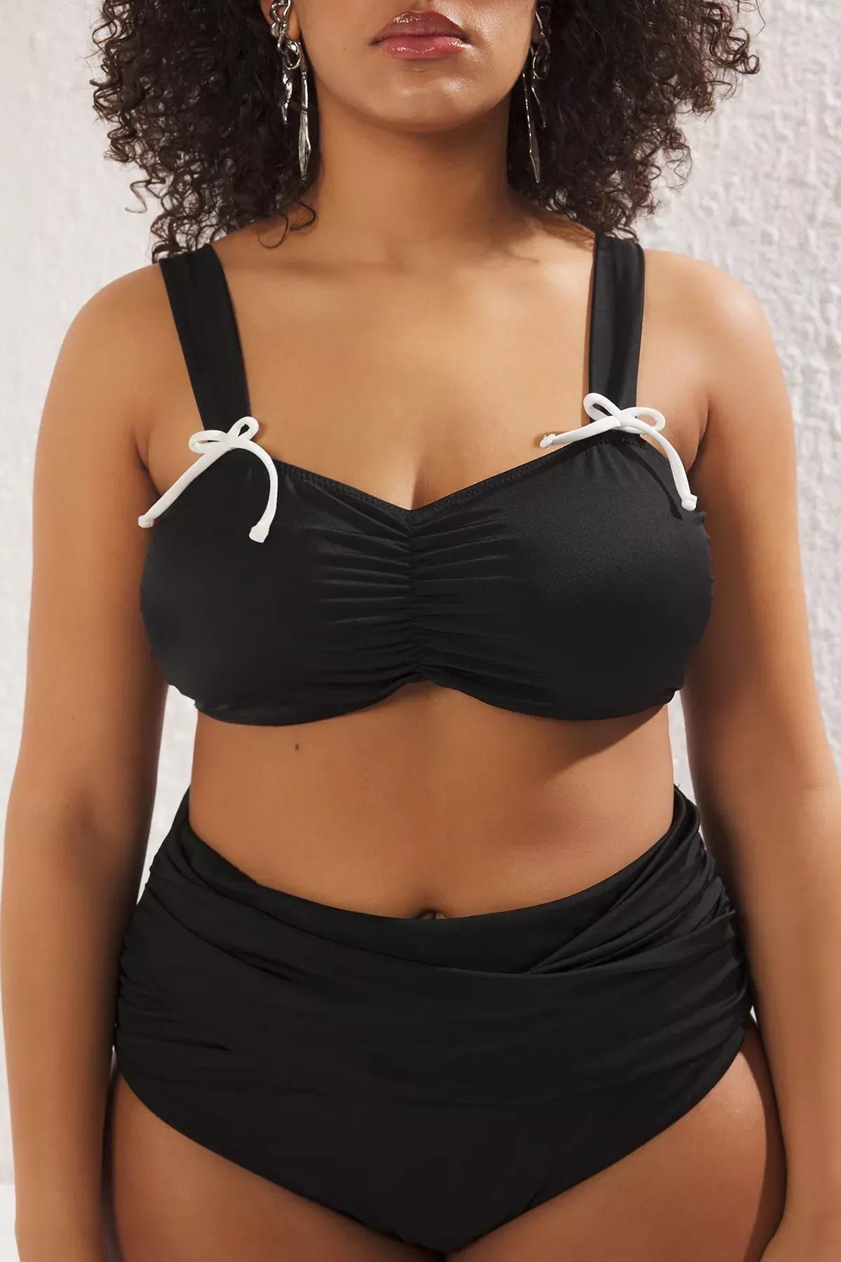 Black Detailed Plus-Size Bikini Top, BLACK, large image number 2