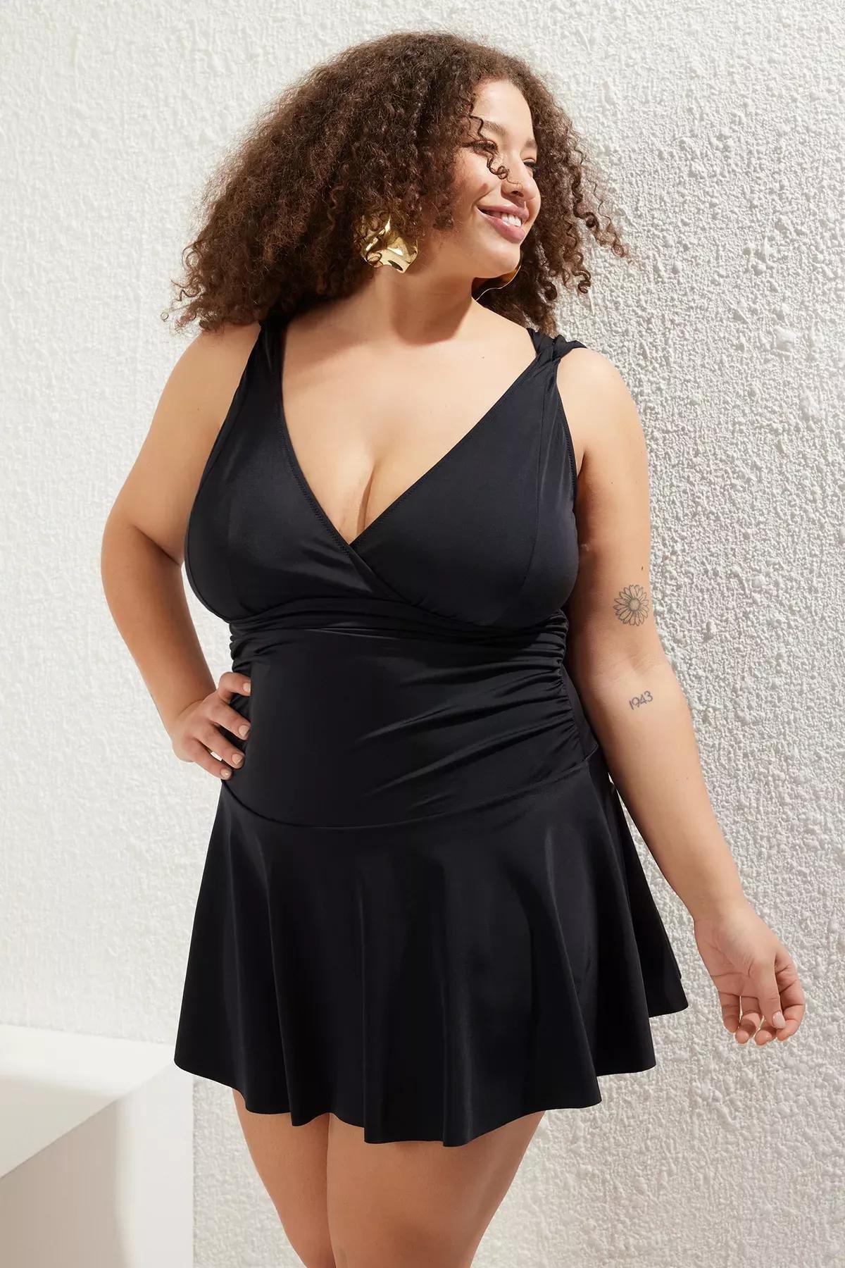 Black V-Neck Gathered Strap Detailed Swimsuit, , large image number 1