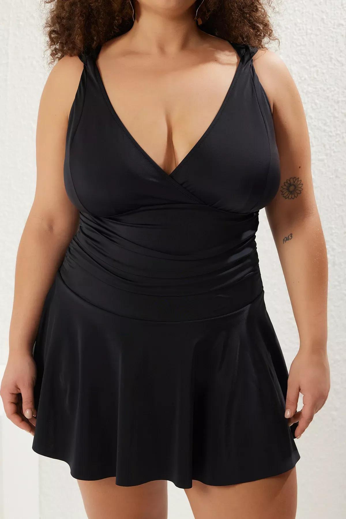 Black V-Neck Gathered Strap Detailed Swimsuit, , large image number 2