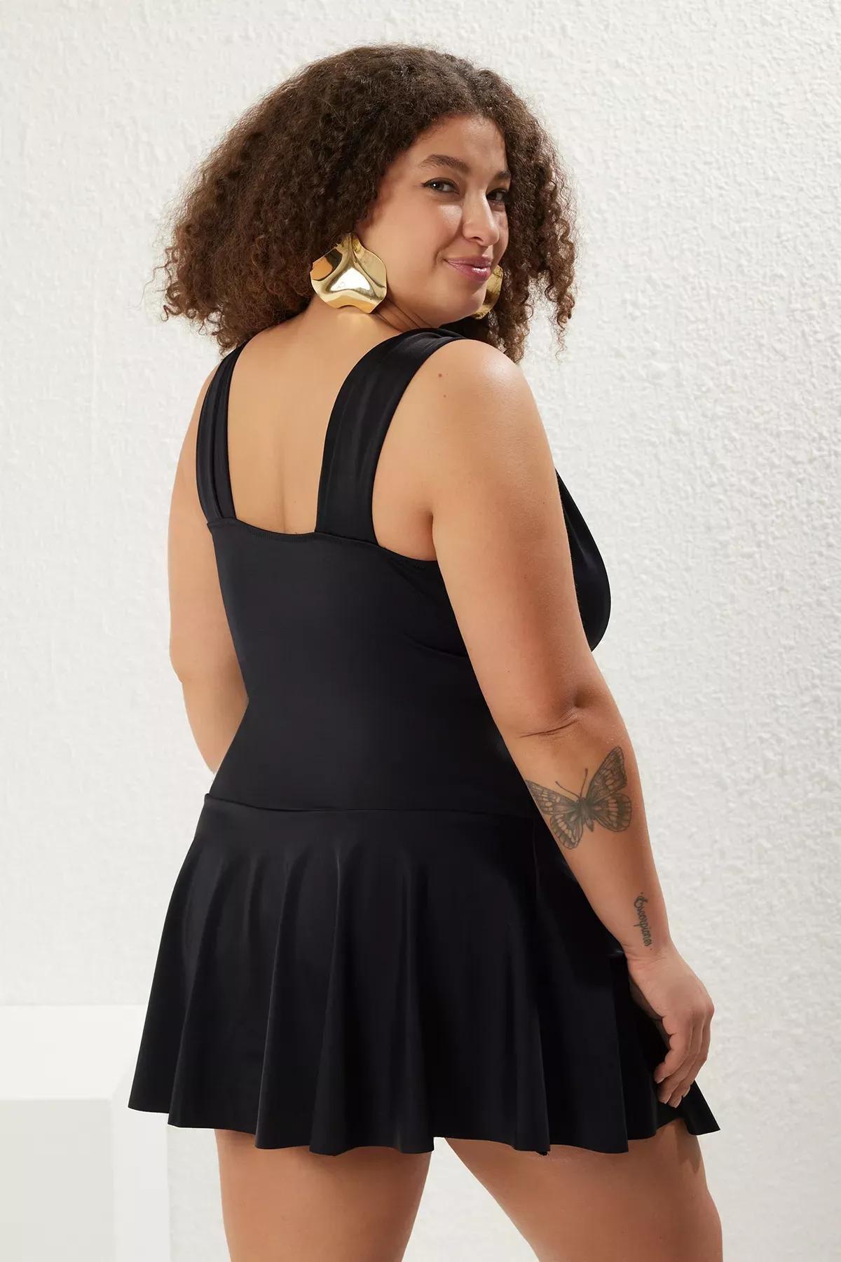Black V-Neck Gathered Strap Detailed Swimsuit, , large image number 4