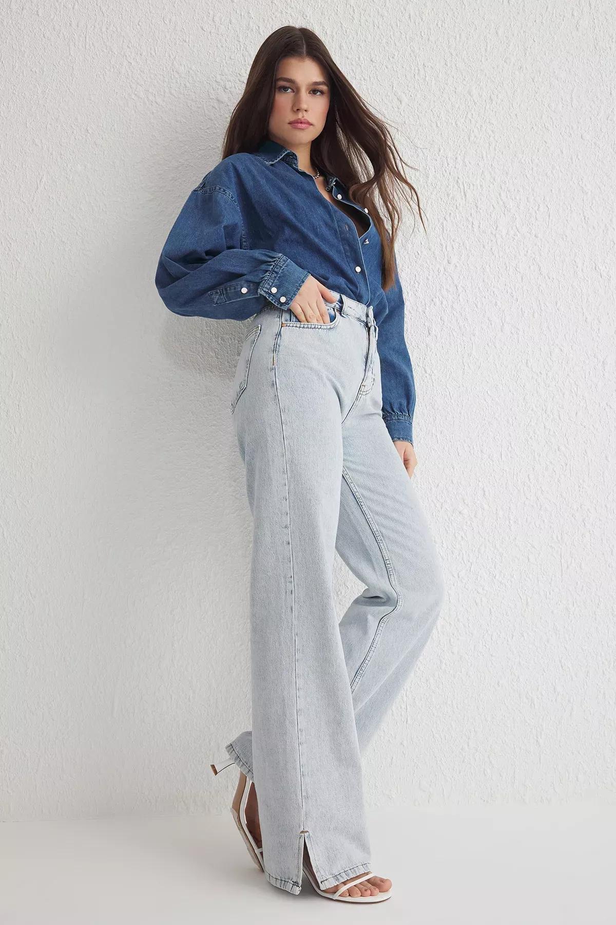 Blue Slit Hem Wide Leg Jeans, , large image number 0