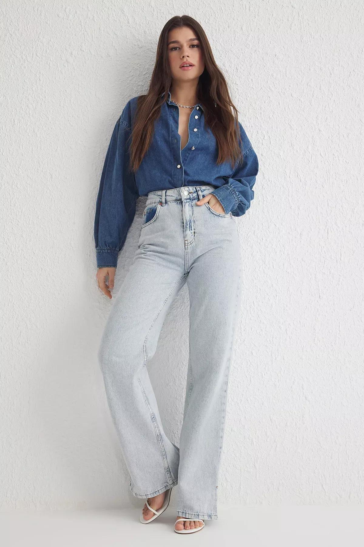 Blue Slit Hem Wide Leg Jeans, , large image number 1