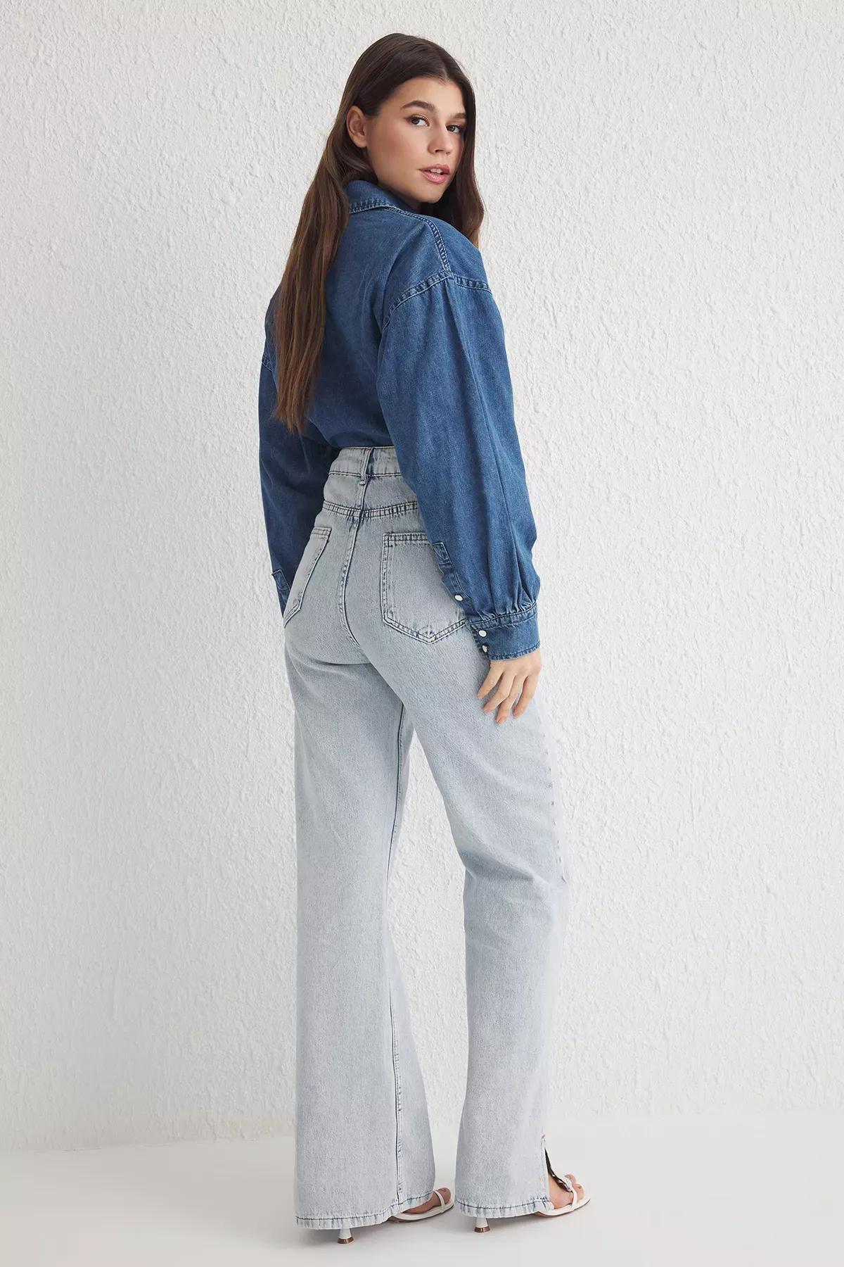 Blue Slit Hem Wide Leg Jeans, , large image number 4