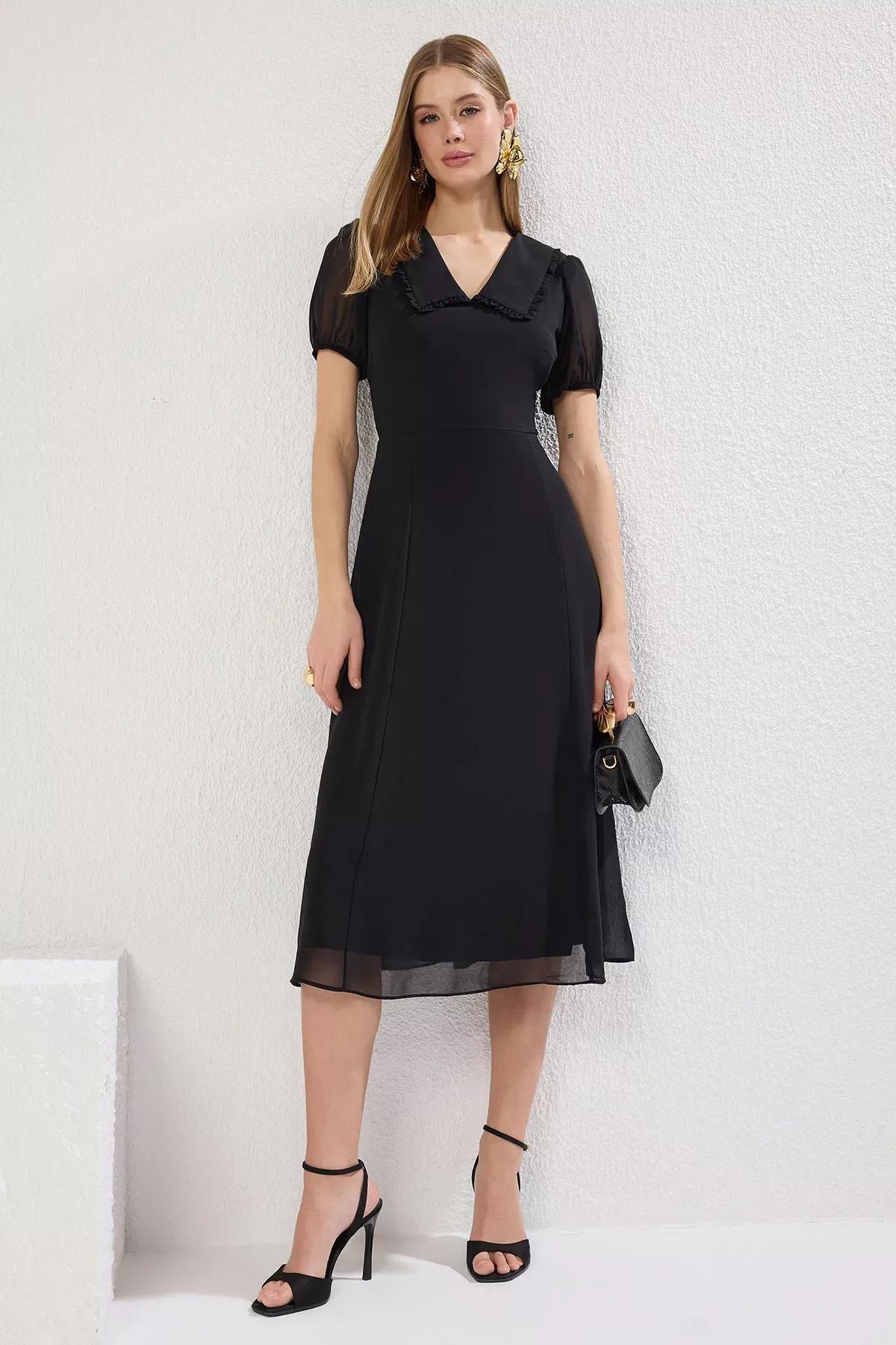 Black A-Line Chiffon Midi Dress, , large image number 0