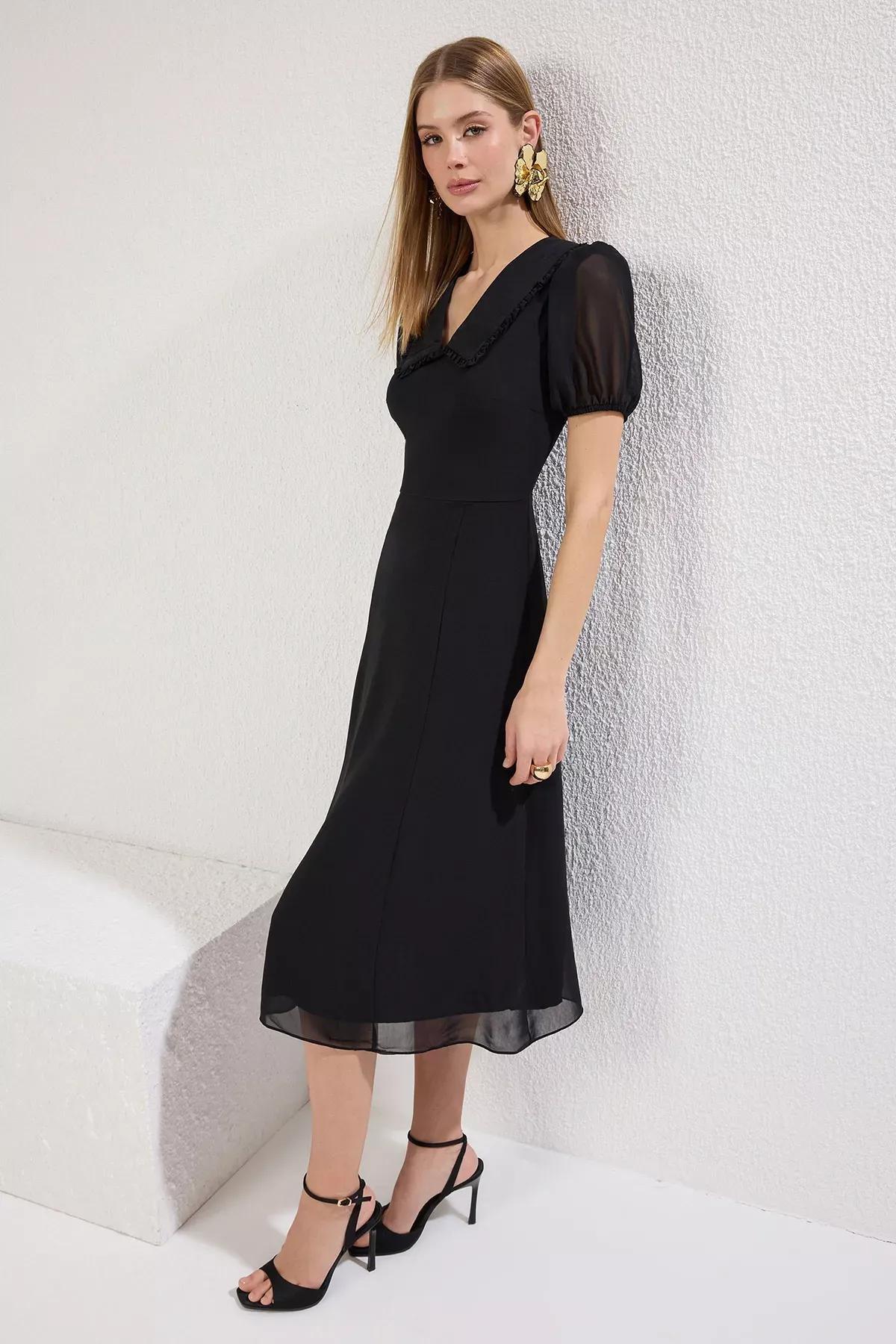 Black A-Line Chiffon Midi Dress, , large image number 1