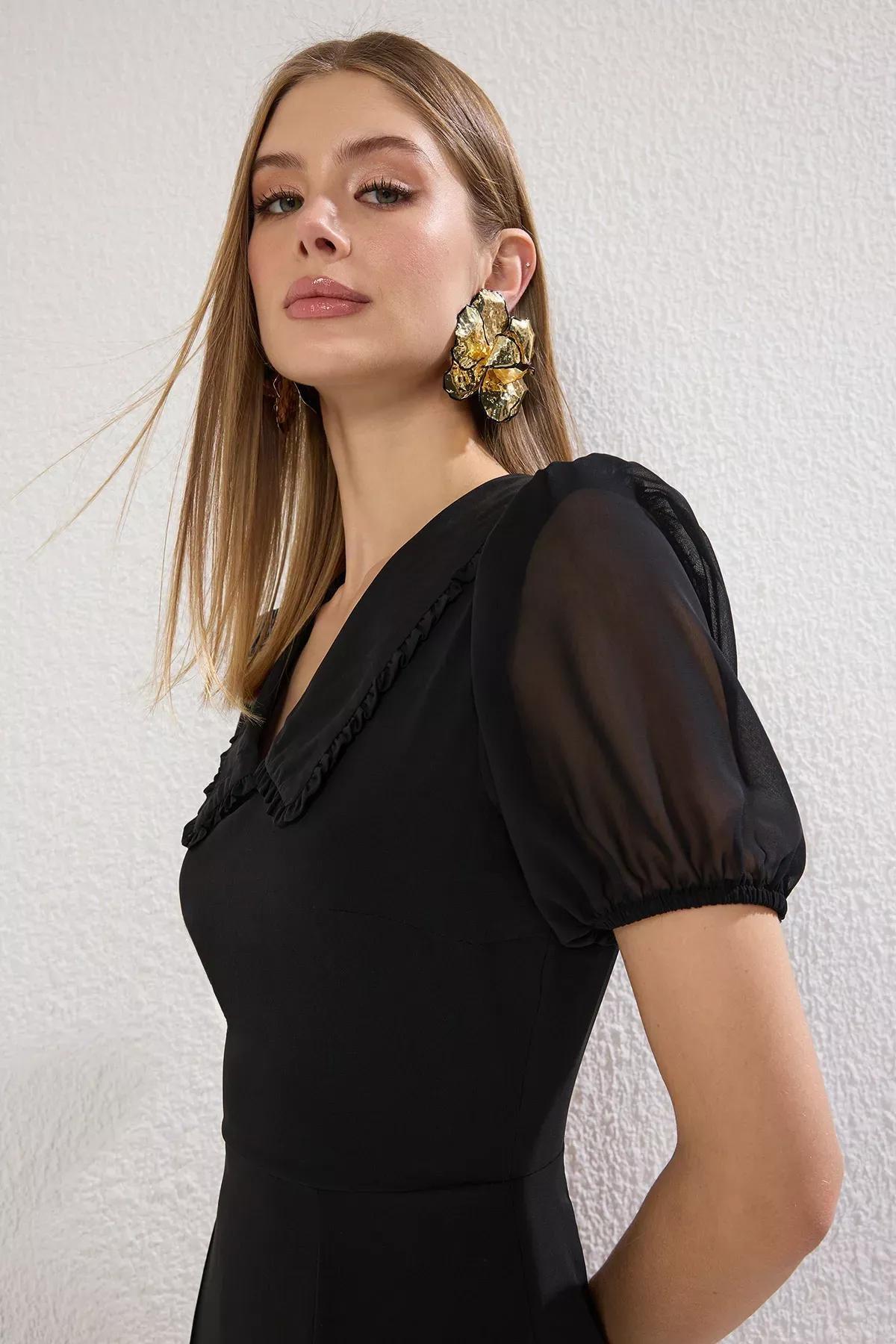Black A-Line Chiffon Midi Dress, , large image number 2