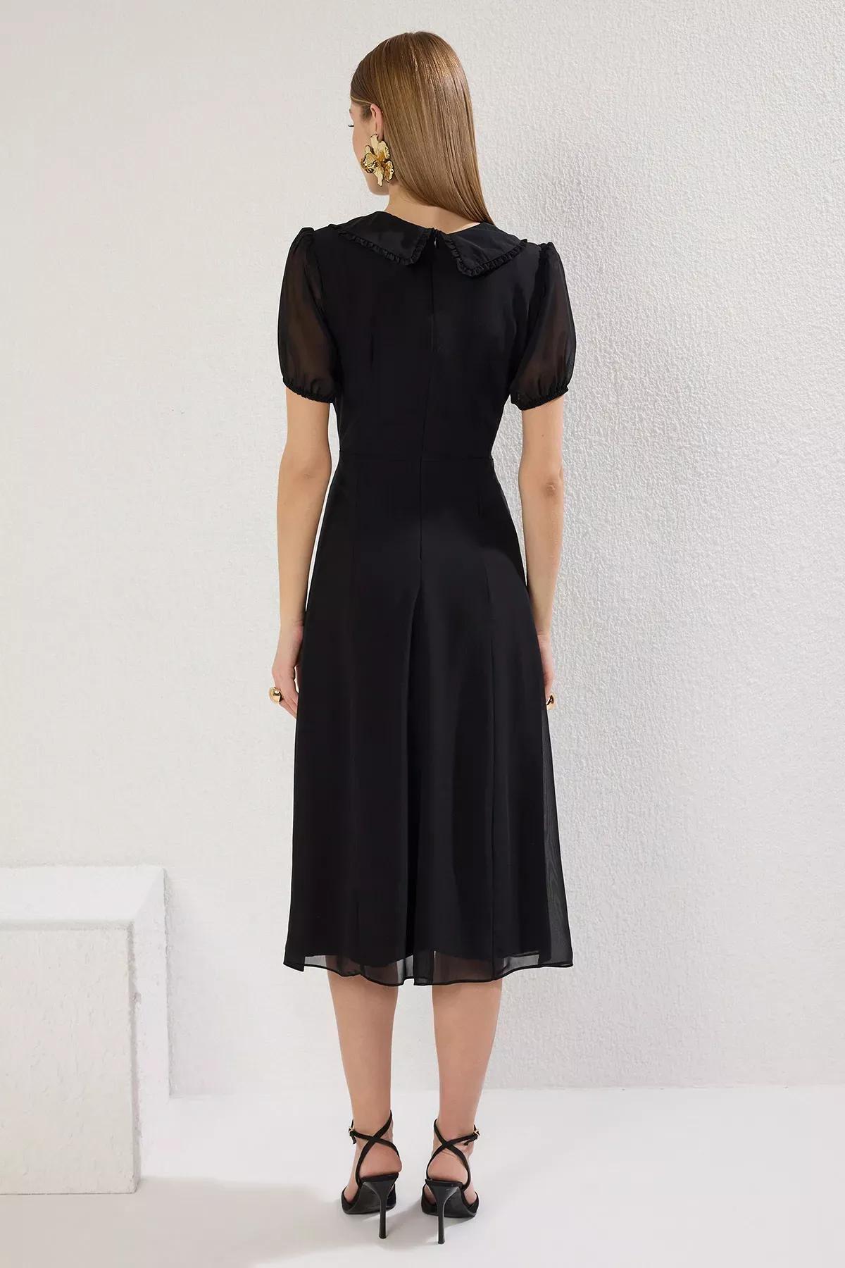 Black A-Line Chiffon Midi Dress, , large image number 4