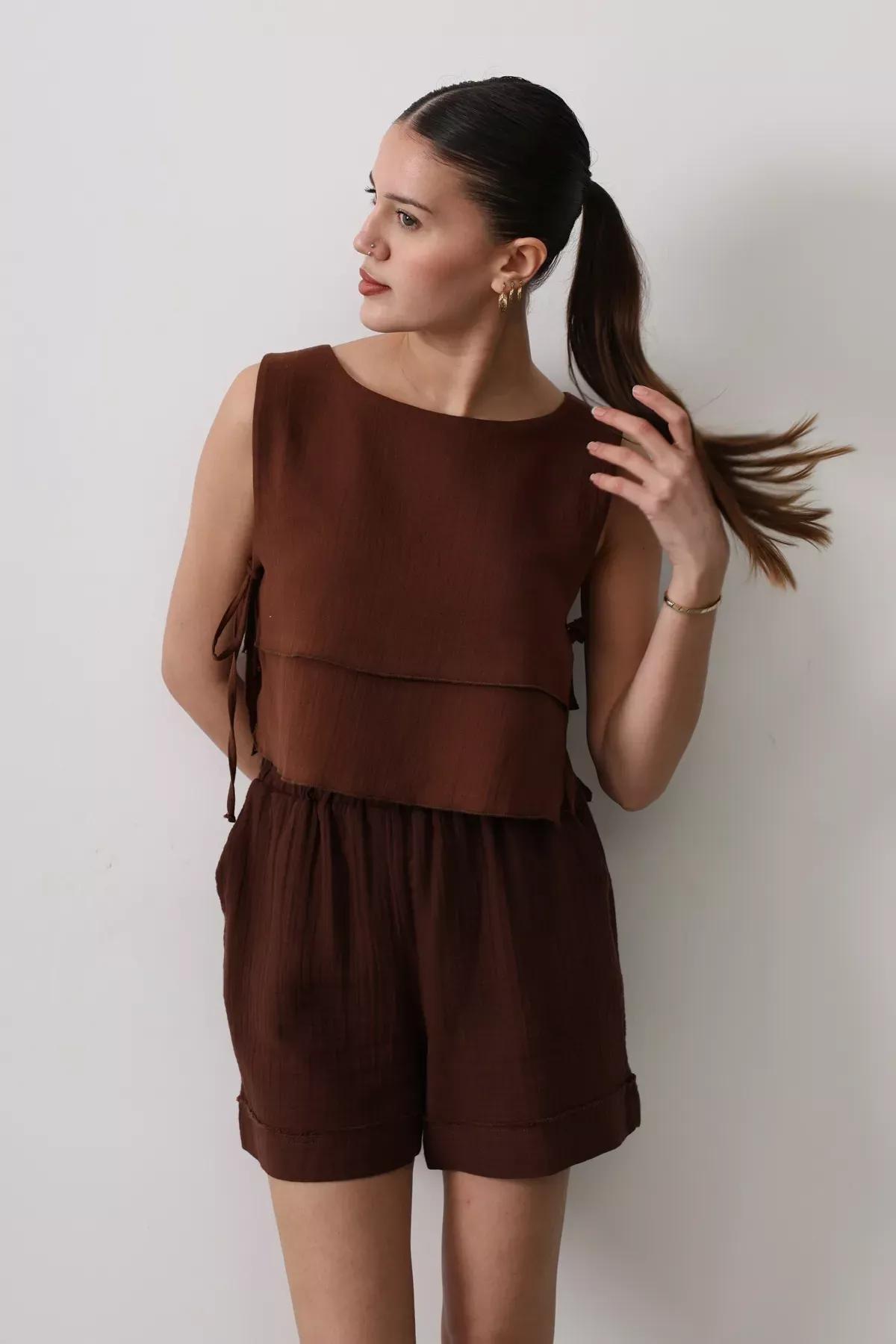 Brown Side Tie Blouse, Brown, large image number 0
