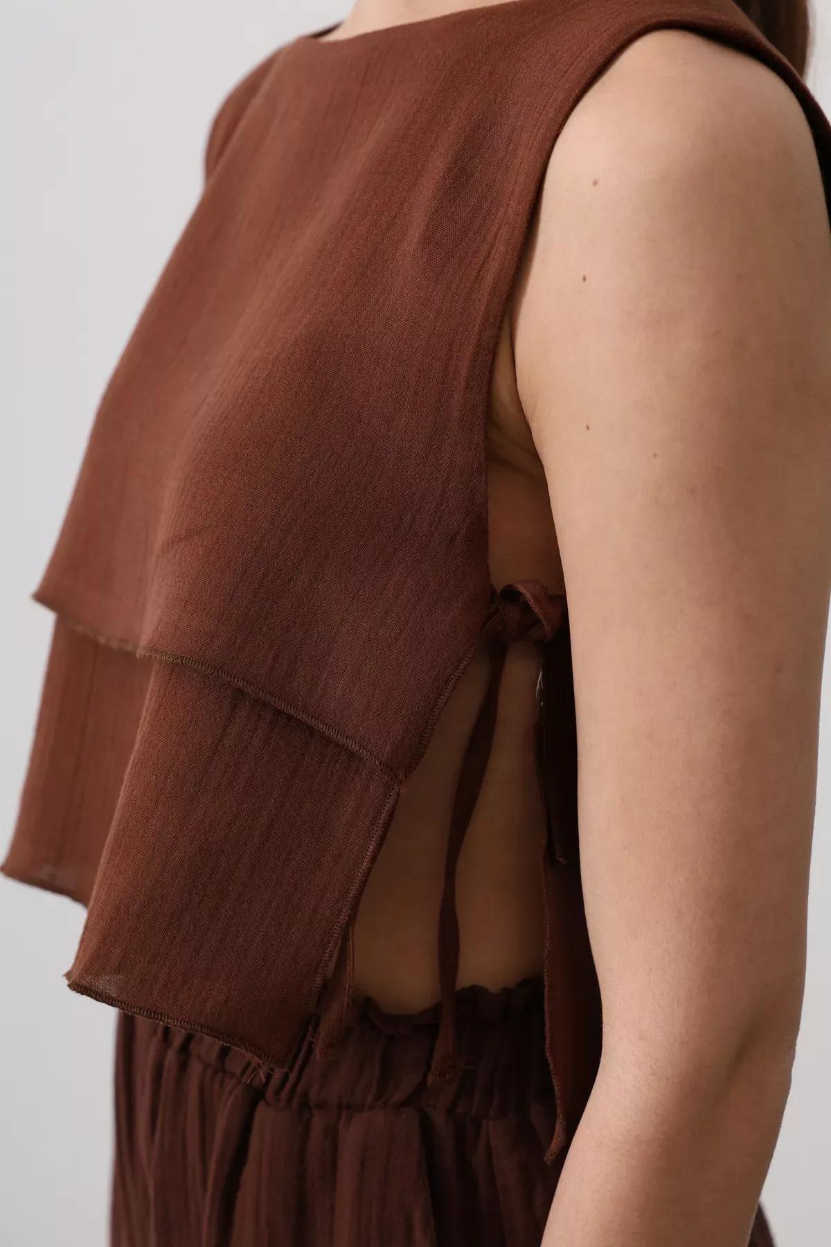 Brown Side Tie Blouse, Brown, large image number 1