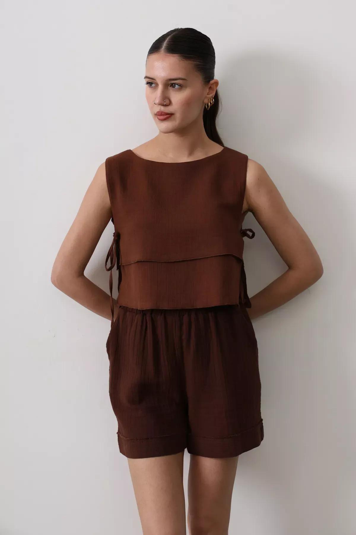 Brown Side Tie Blouse, Brown, large image number 2