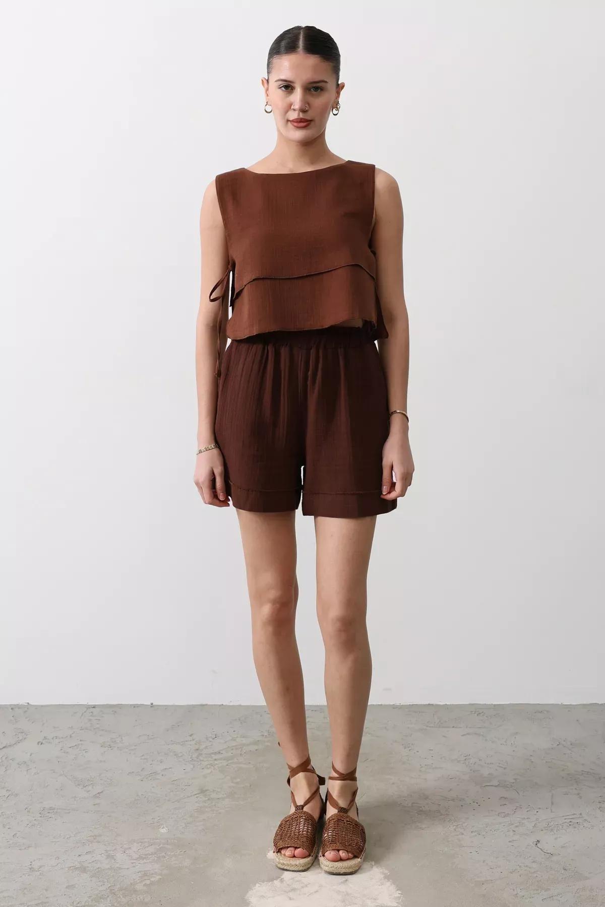 Brown Side Tie Blouse, Brown, large image number 3