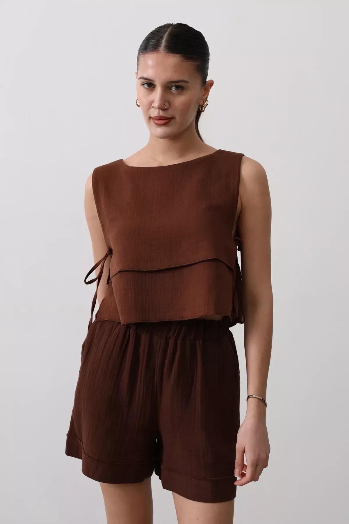 Brown Side Tie Blouse, Brown, large image number 4