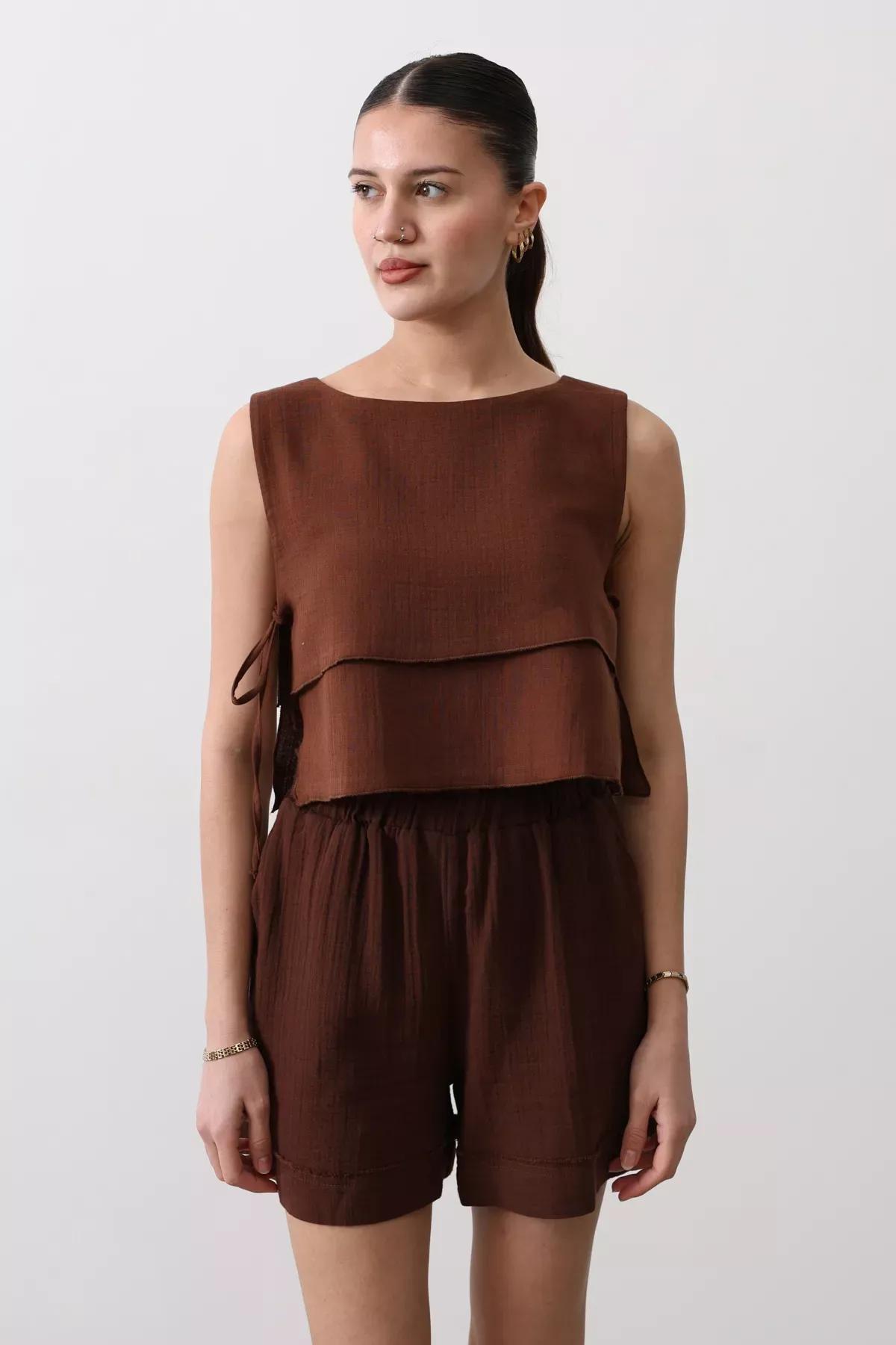 Brown Side Tie Blouse, Brown, large image number 5