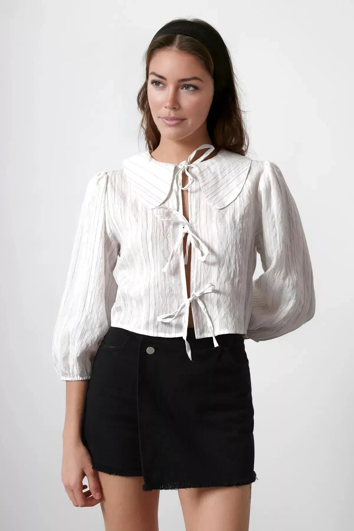 قميص بربطة وياقة عريضة، أبيض, White, large image number 0