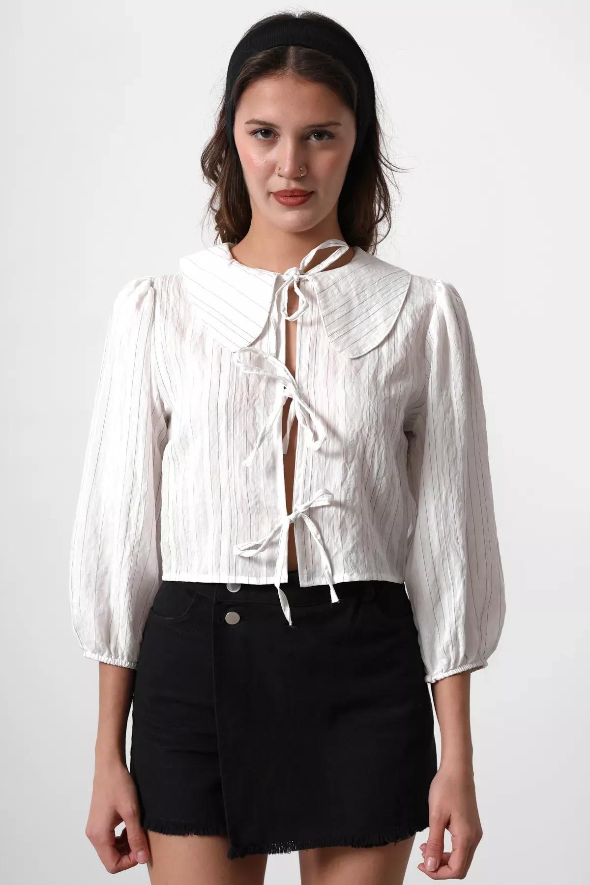 قميص بربطة وياقة عريضة، أبيض, White, large image number 2