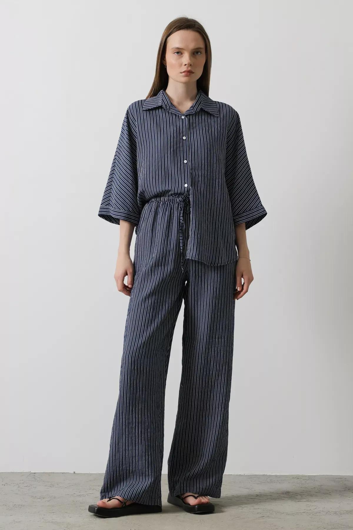 Navy Striped Tie Waist Trousers, Navy blue, large image number 0