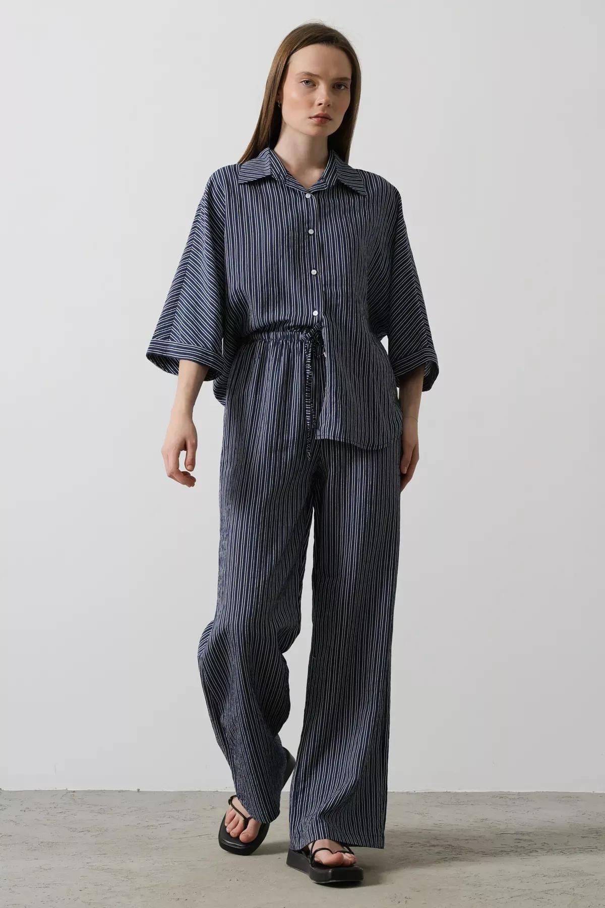 Navy Striped Tie Waist Trousers, Navy blue, large image number 1