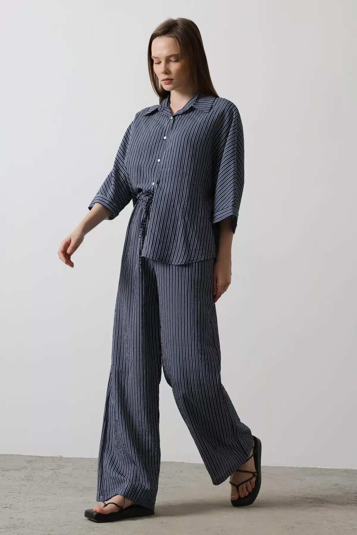 Navy Striped Tie Waist Trousers, Navy blue, large image number 2