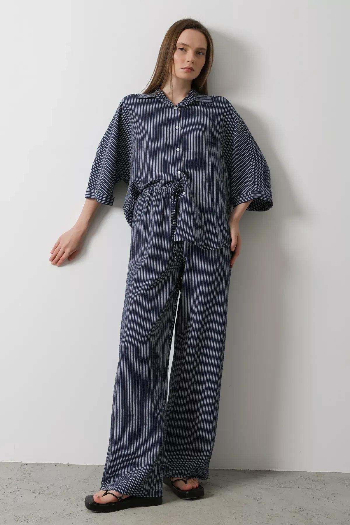 Navy Striped Tie Waist Trousers, Navy blue, large image number 3