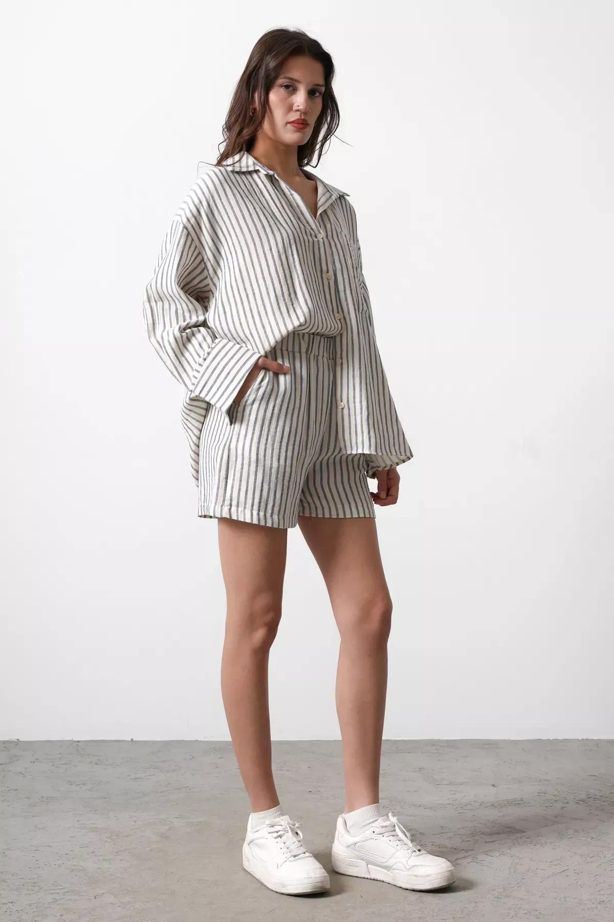 Beige Striped Shorts and Bermuda, , large image number 0