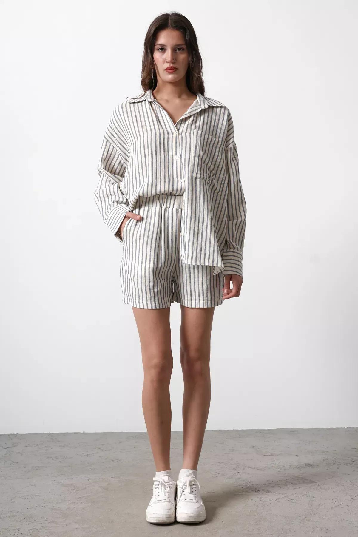 Beige Striped Shorts and Bermuda, , large image number 1