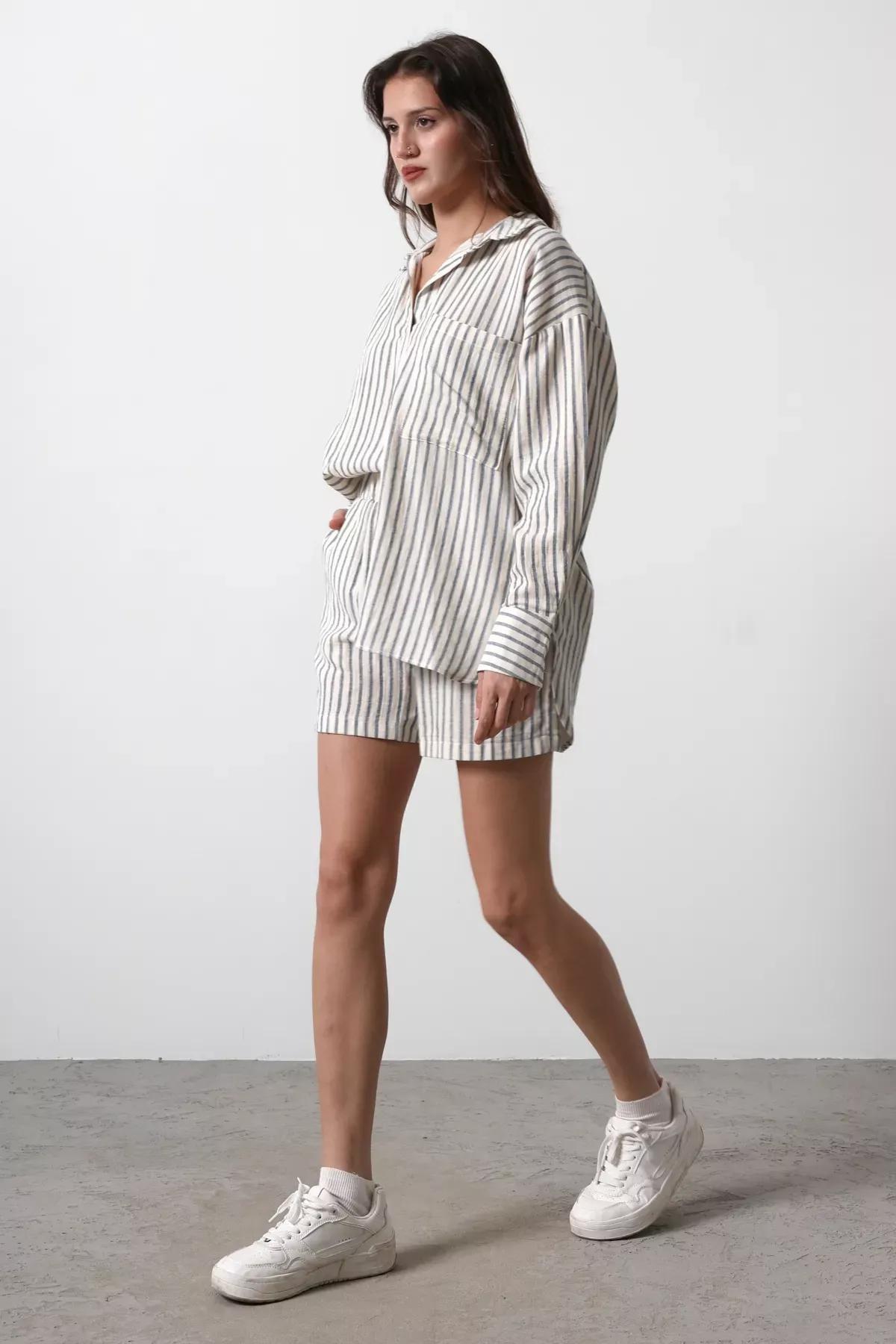 Beige Striped Shorts and Bermuda, , large image number 2
