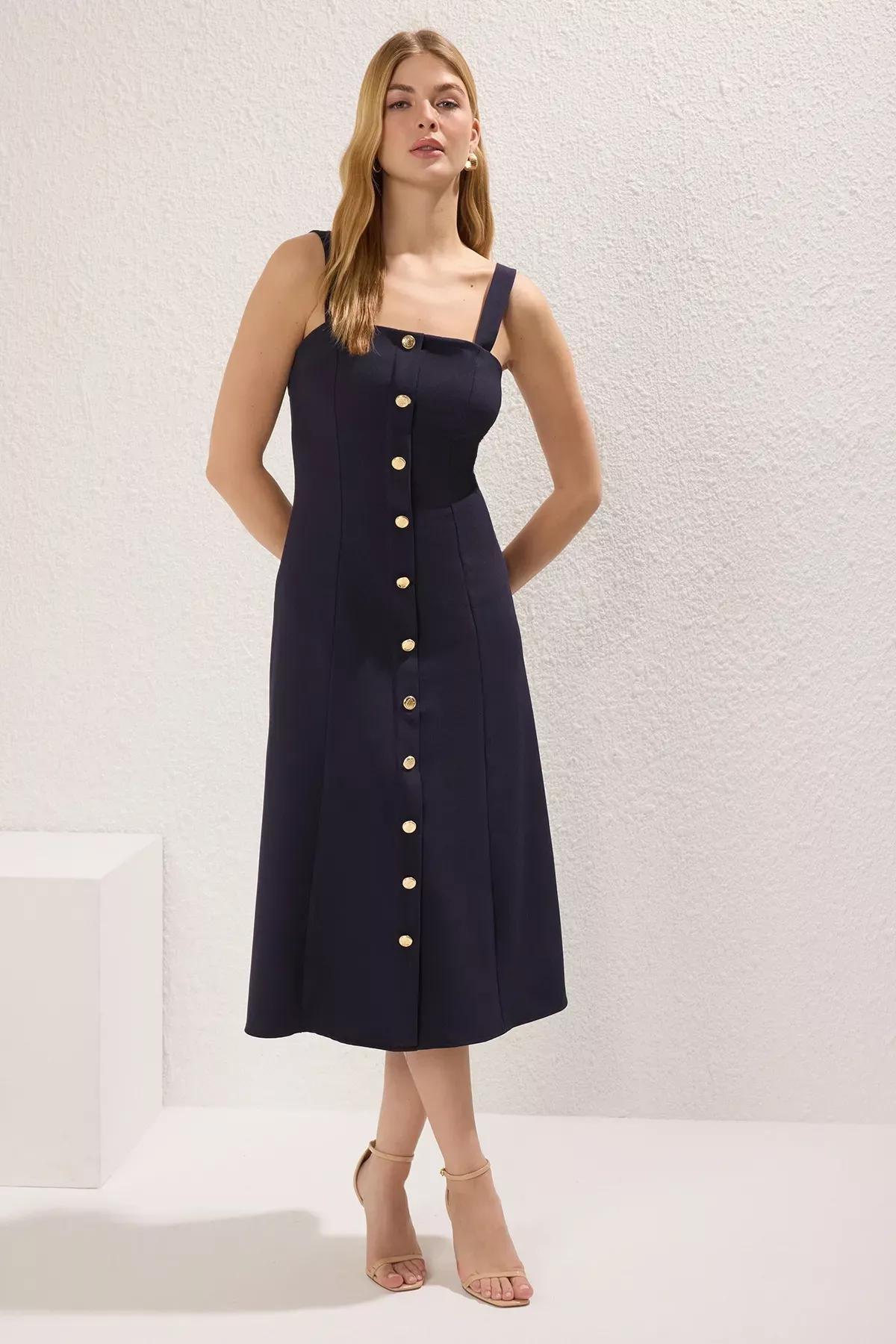 Navy Straight Buttoned Midi Dress, Navy blue, large image number 0