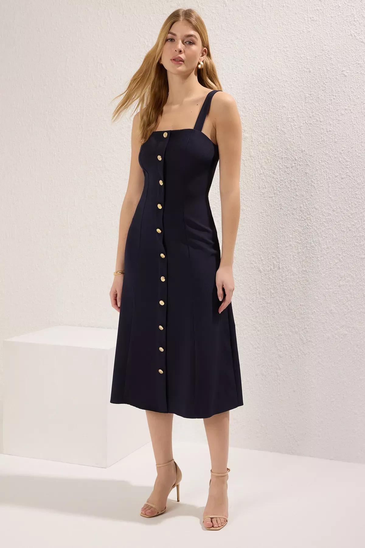Navy Straight Buttoned Midi Dress, Navy blue, large image number 1