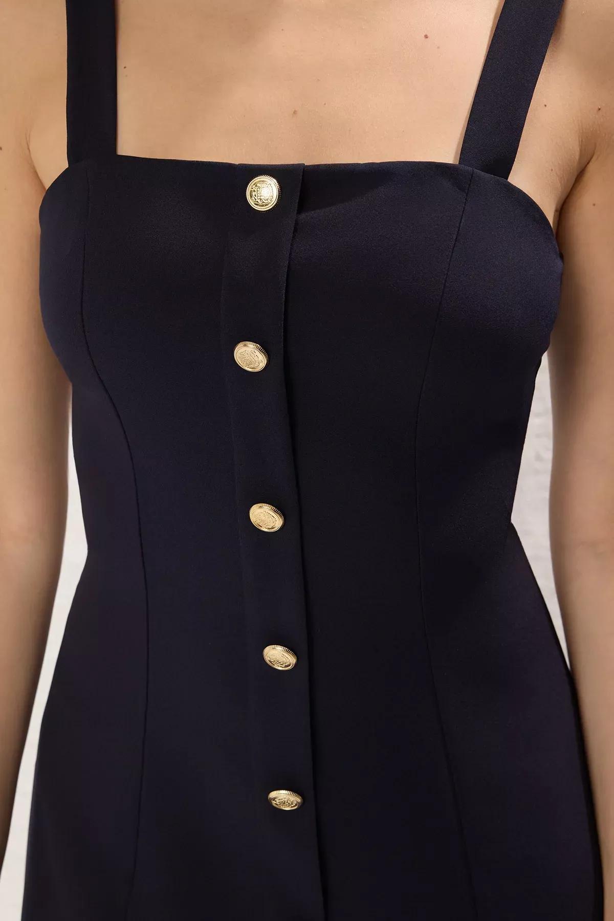 Navy Straight Buttoned Midi Dress, Navy blue, large image number 2