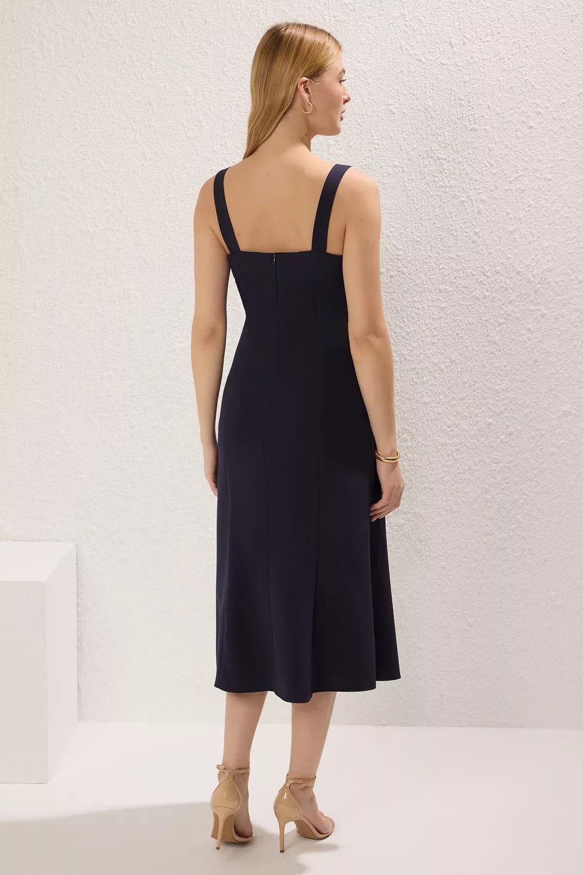 Navy Straight Buttoned Midi Dress, Navy blue, large image number 3