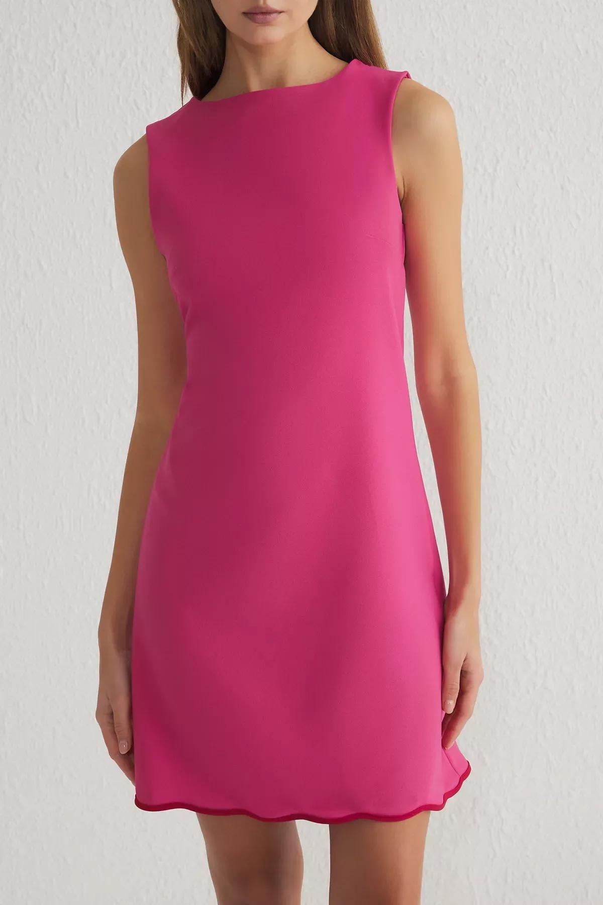 Pink Straight Cut Piping Detail Mini Dress, Fuchsia, large image number 2