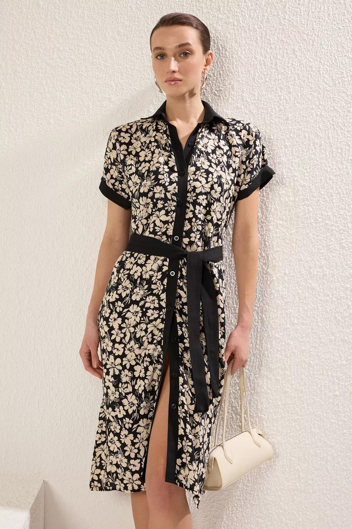 Black Floral Midi Woven Shirt Dress, BLACK, large image number 0