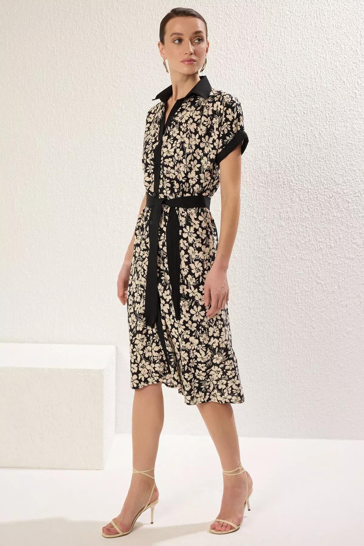 Black Floral Midi Woven Shirt Dress, BLACK, large image number 1