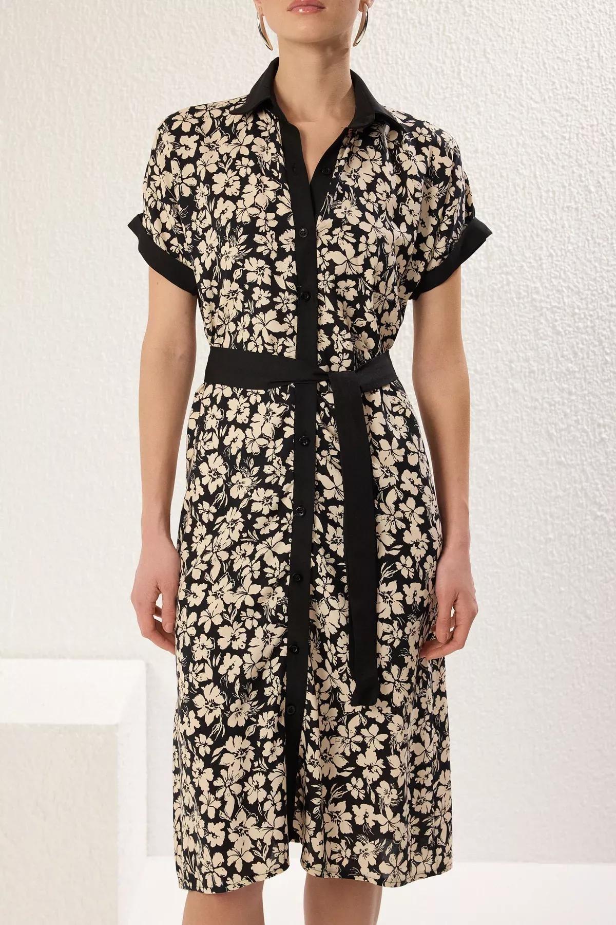 Black Floral Midi Woven Shirt Dress, BLACK, large image number 2