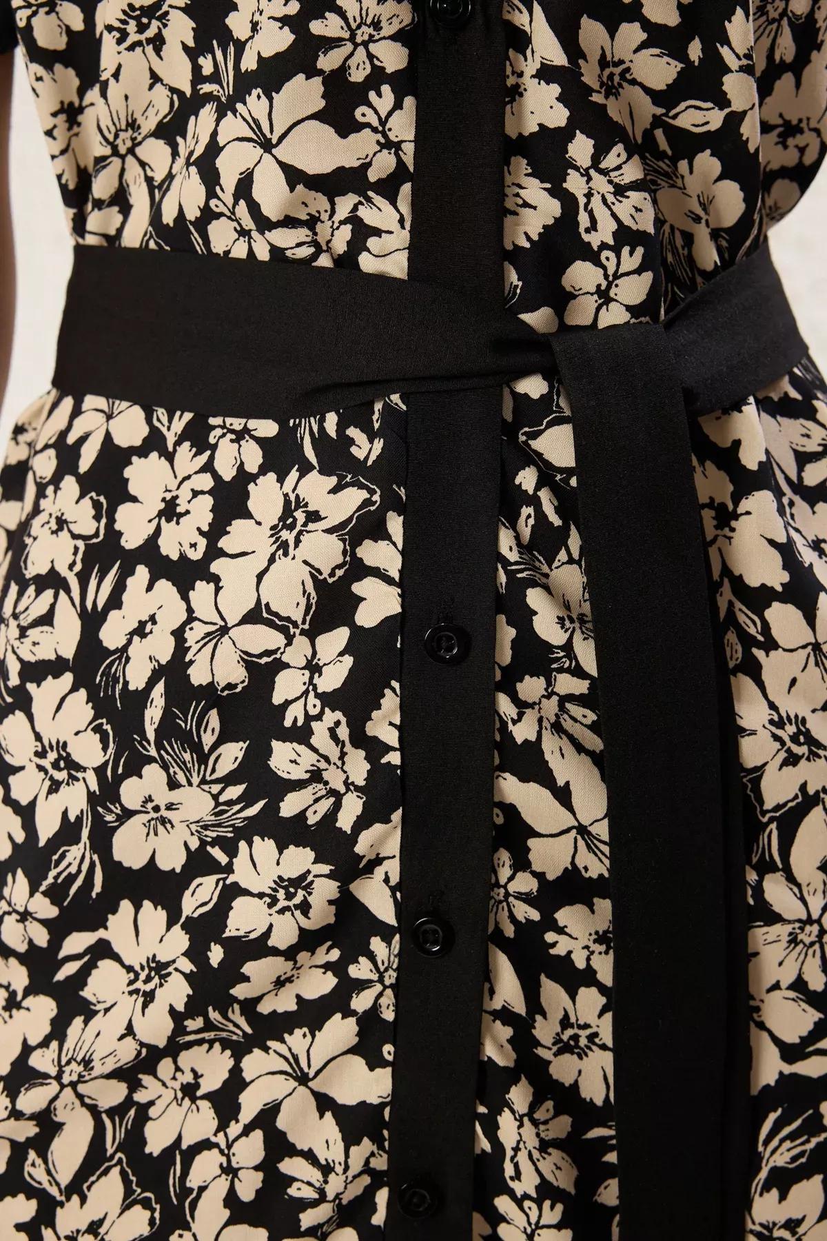 Black Floral Midi Woven Shirt Dress, BLACK, large image number 3