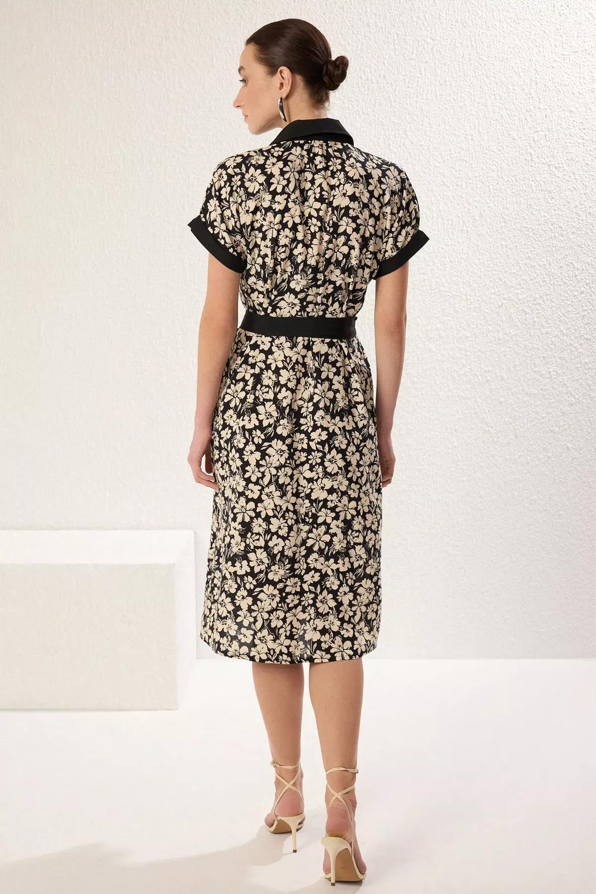 Black Floral Midi Woven Shirt Dress, BLACK, large image number 4