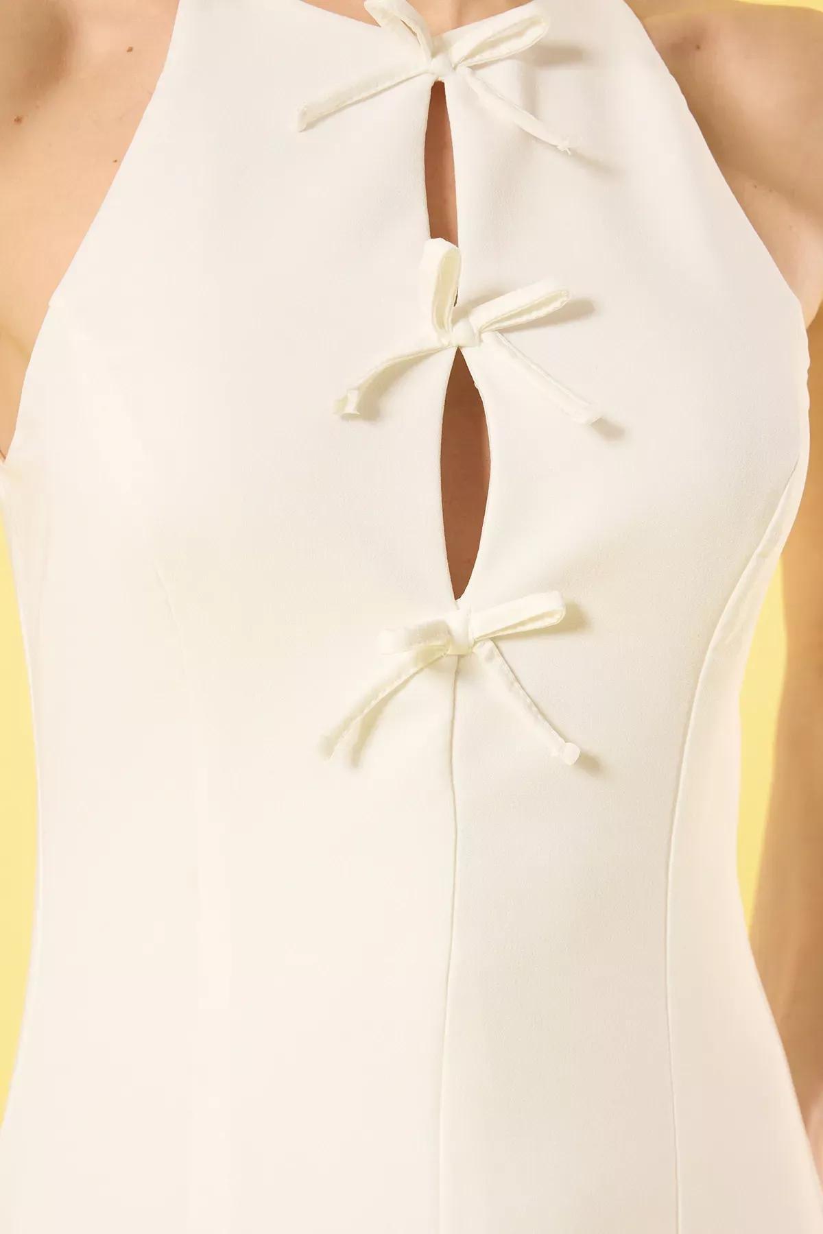 Beige Open Bow Mini Dress, Ecru, large image number 2