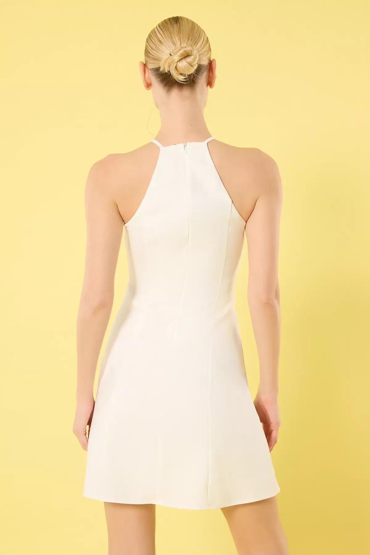 Beige Open Bow Mini Dress, Ecru, large image number 3