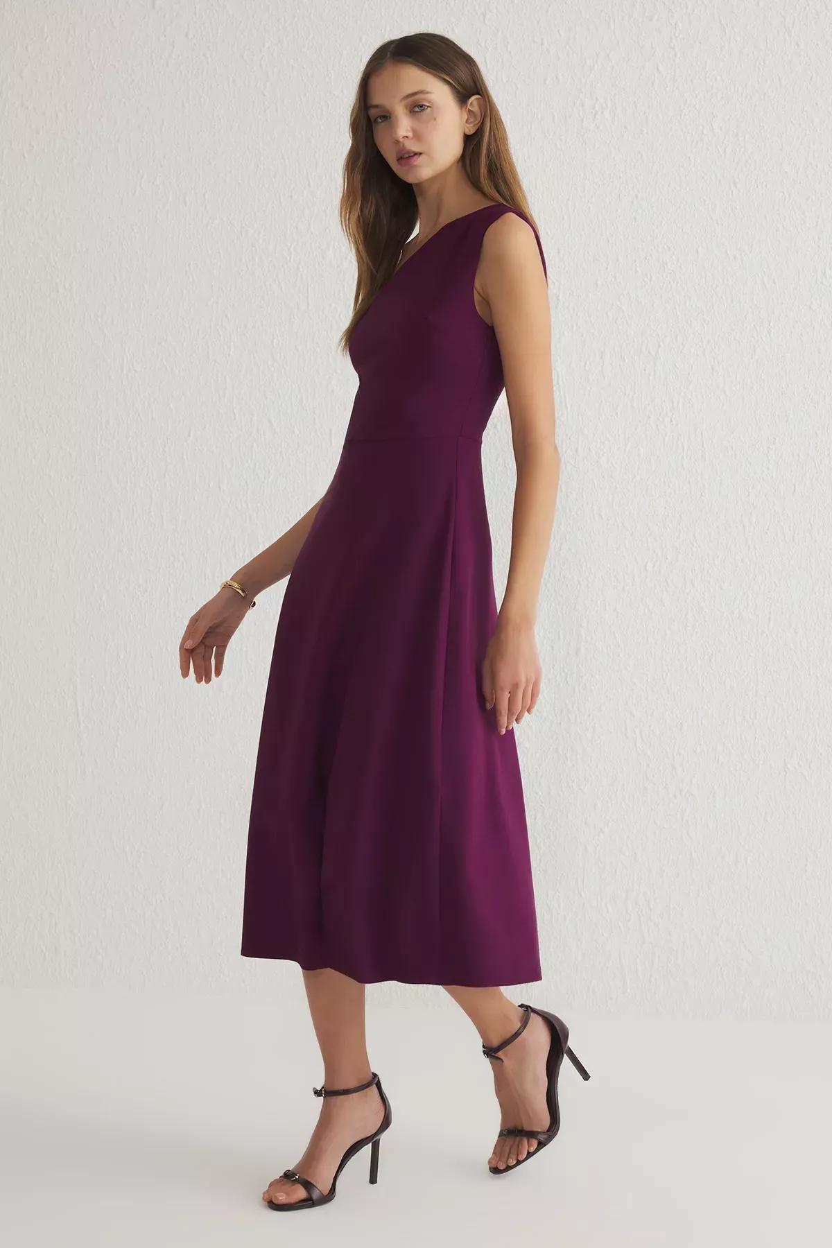Purple One Shoulder Midi Dress, Plum, large image number 0