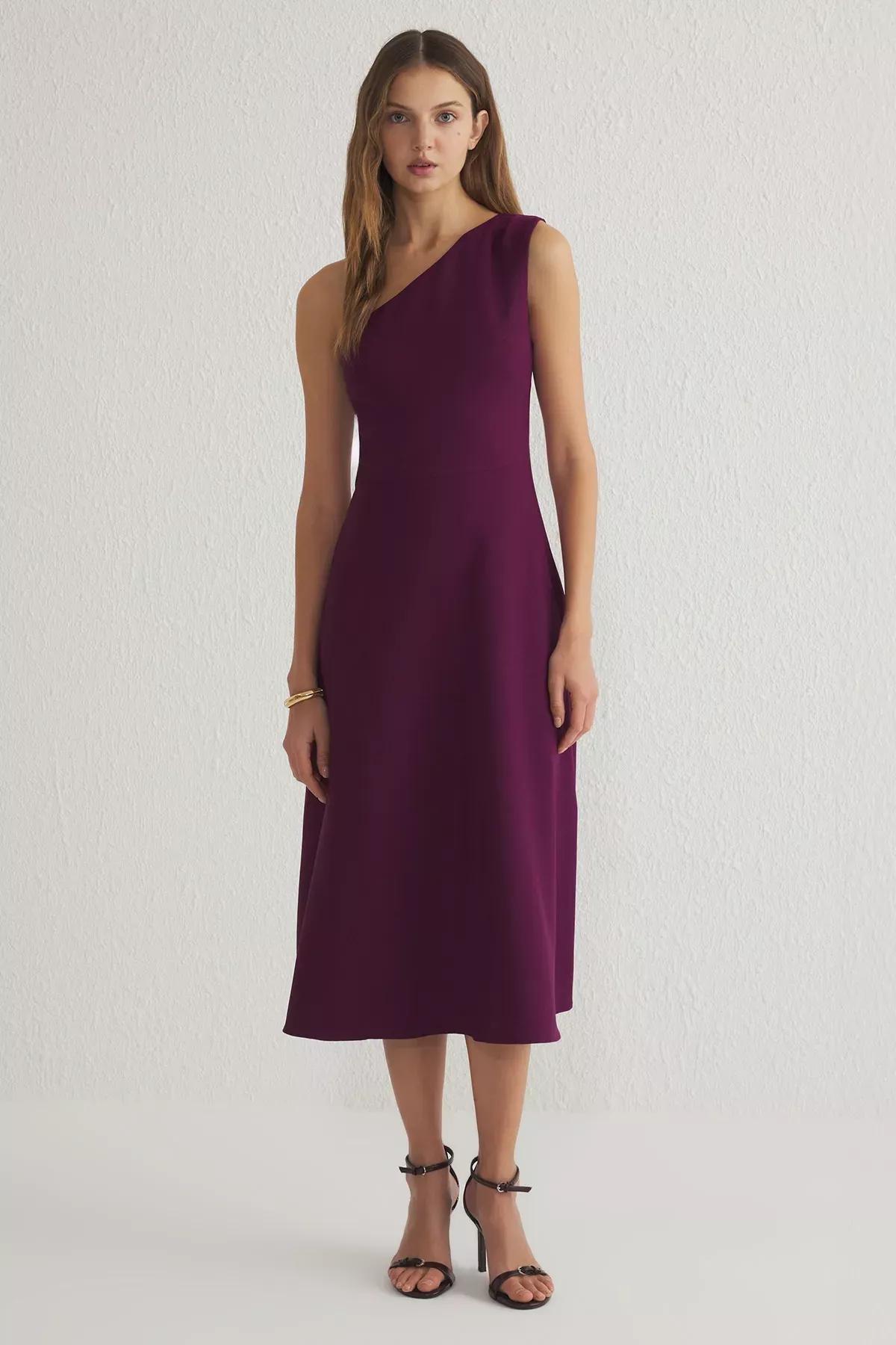 Purple One Shoulder Midi Dress, Plum, large image number 1