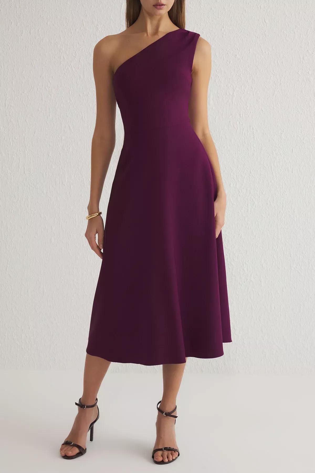 Purple One Shoulder Midi Dress, Plum, large image number 3