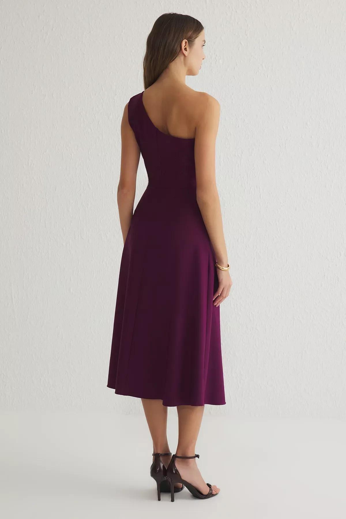 Purple One Shoulder Midi Dress, Plum, large image number 4