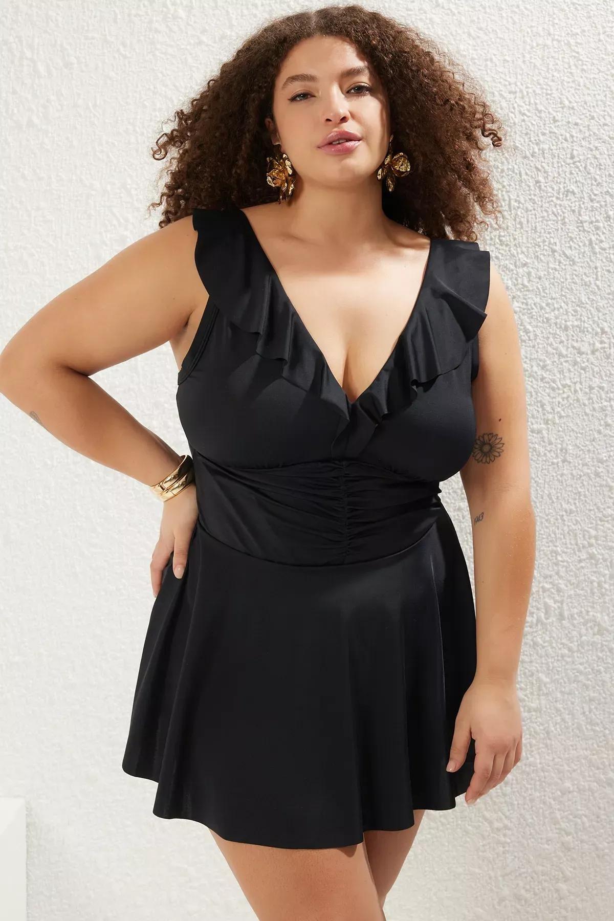 Black Ruffle Pleated Swimsuit Dress, , large image number 0